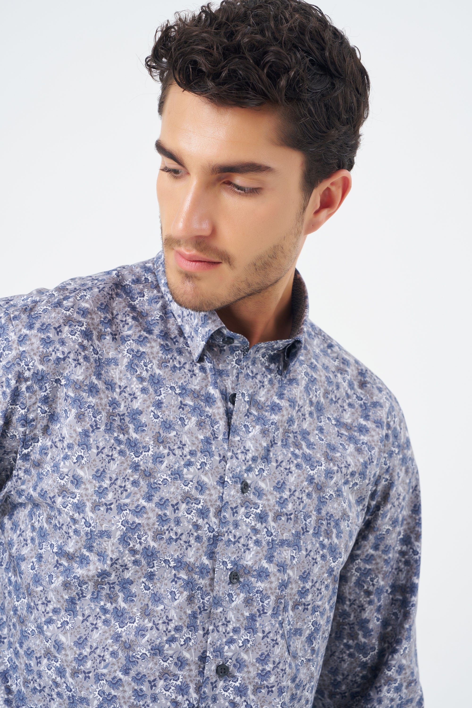 Grey and Blue Floral Print Cotton Sport Shirt with Hidden Button Down Collar by Leo Chevalier