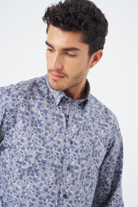Grey and Blue Floral Print Cotton Sport Shirt with Hidden Button Down Collar by Leo Chevalier