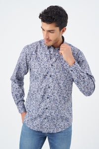 Grey and Blue Floral Print Cotton Sport Shirt with Hidden Button Down Collar by Leo Chevalier