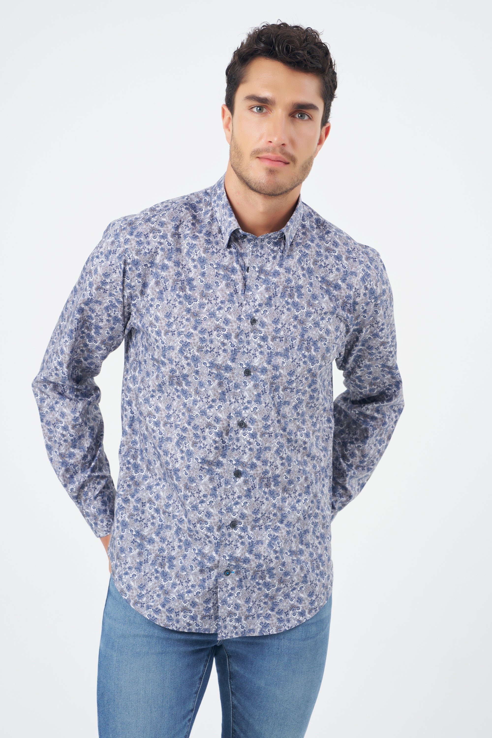 Grey and Blue Floral Print Cotton Sport Shirt with Hidden Button Down Collar by Leo Chevalier