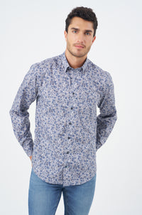 Grey and Blue Floral Print Cotton Sport Shirt with Hidden Button Down Collar by Leo Chevalier