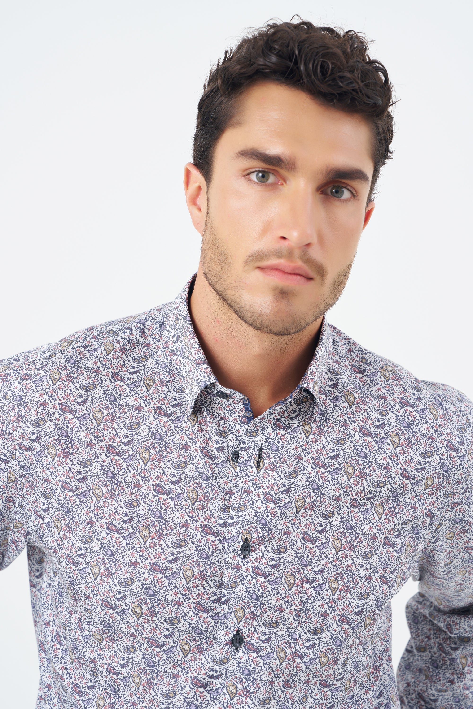 Multi Print Cotton Sport Shirt with Hidden Button Down Collar by Leo Chevalier