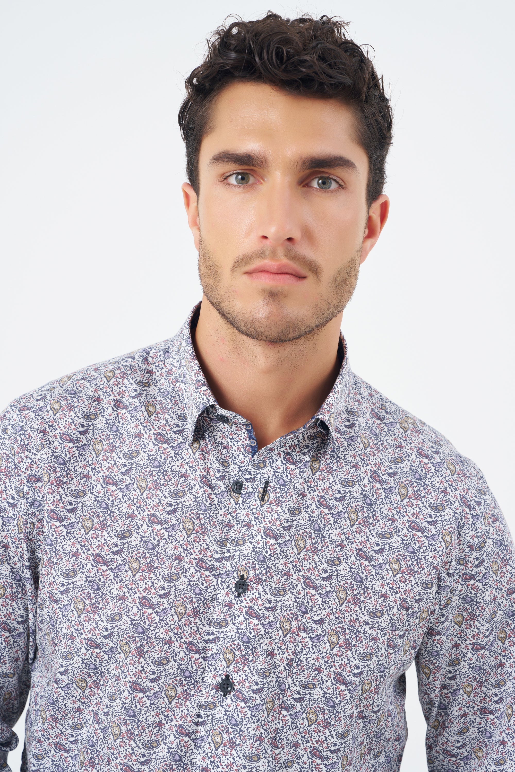 Multi Print Cotton Sport Shirt with Hidden Button Down Collar by Leo Chevalier