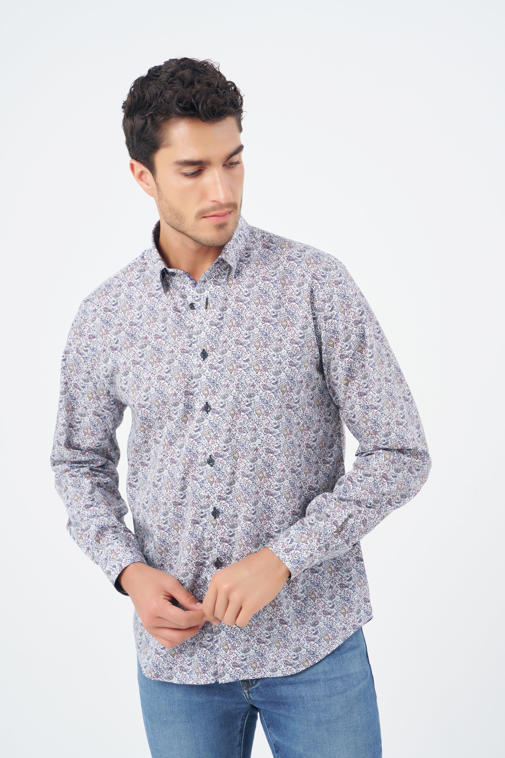 Multi Print Cotton Sport Shirt with Hidden Button Down Collar by Leo Chevalier