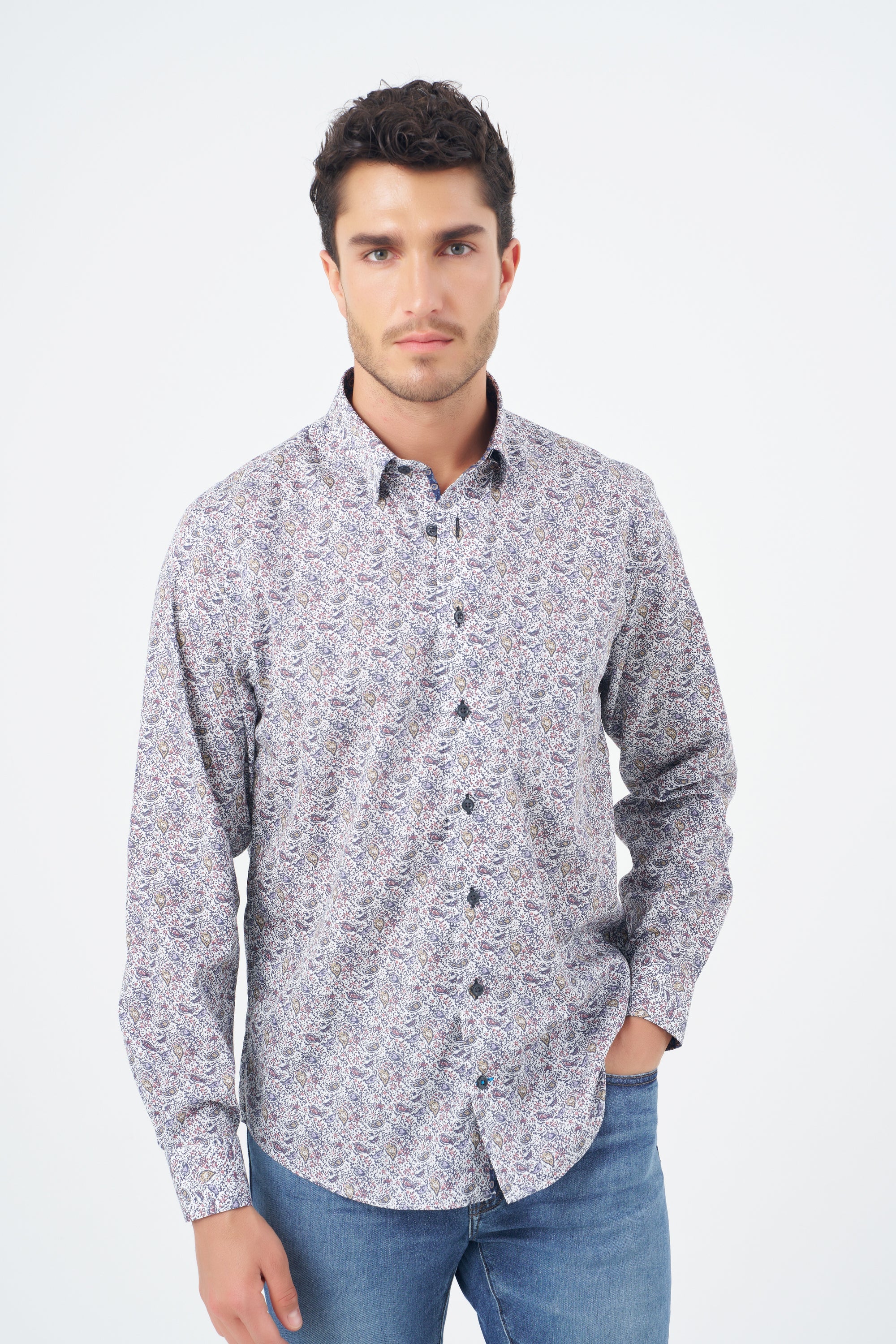 Multi Print Cotton Sport Shirt with Hidden Button Down Collar by Leo Chevalier