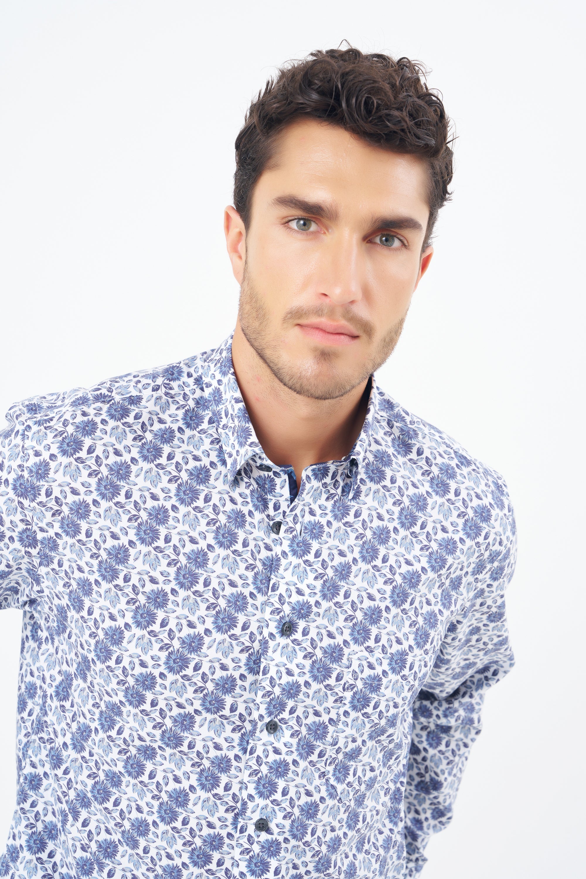 Multi Blue Floral Cotton Sport Shirt with Hidden Button Down Collar by Leo Chevalier