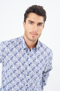 Multi Blue Floral Cotton Sport Shirt with Hidden Button Down Collar by Leo Chevalier