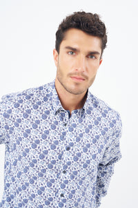Multi Blue Floral Cotton Sport Shirt with Hidden Button Down Collar by Leo Chevalier