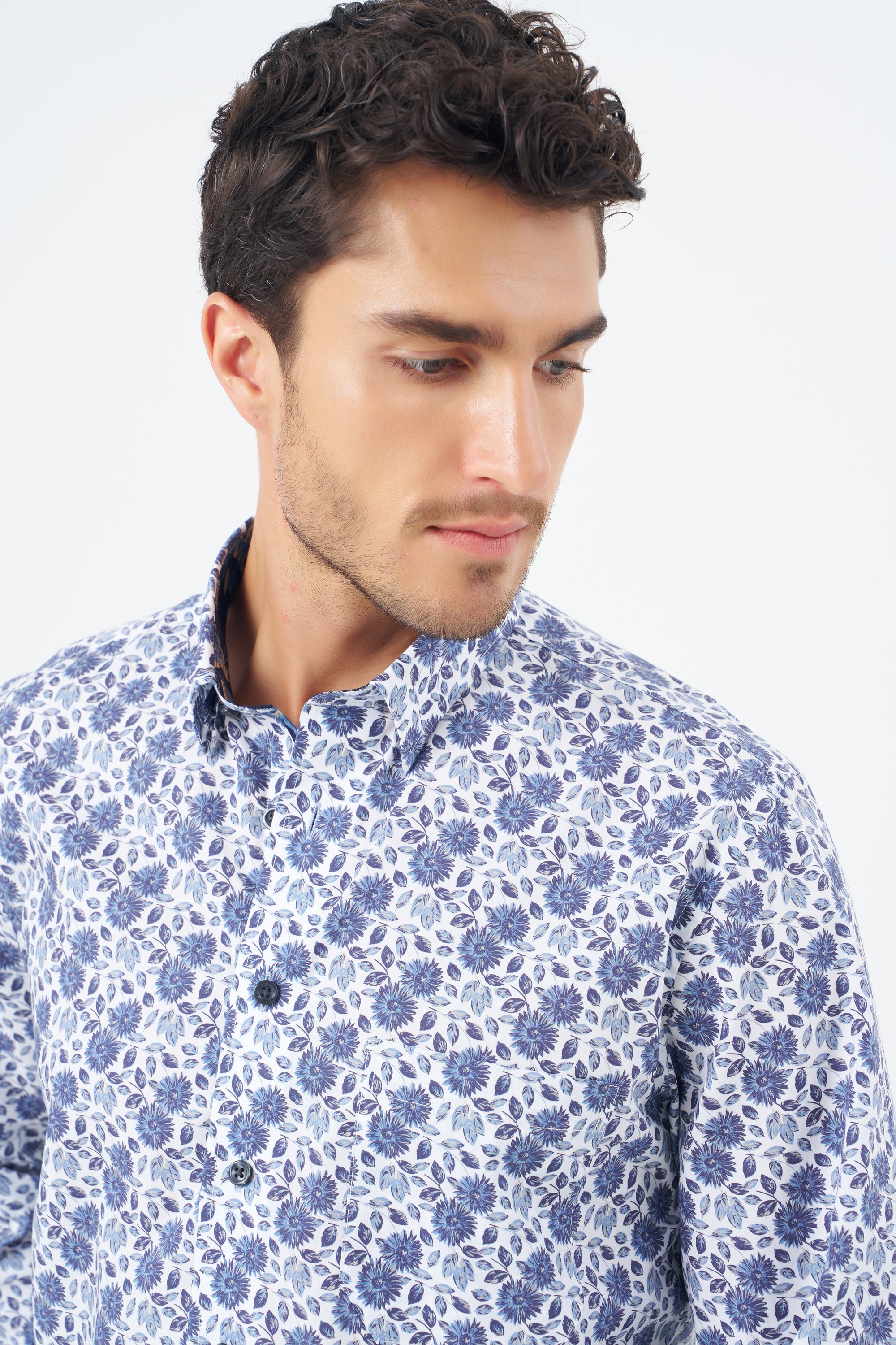 Multi Blue Floral Cotton Sport Shirt with Hidden Button Down Collar by Leo Chevalier