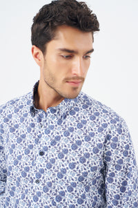 Multi Blue Floral Cotton Sport Shirt with Hidden Button Down Collar by Leo Chevalier