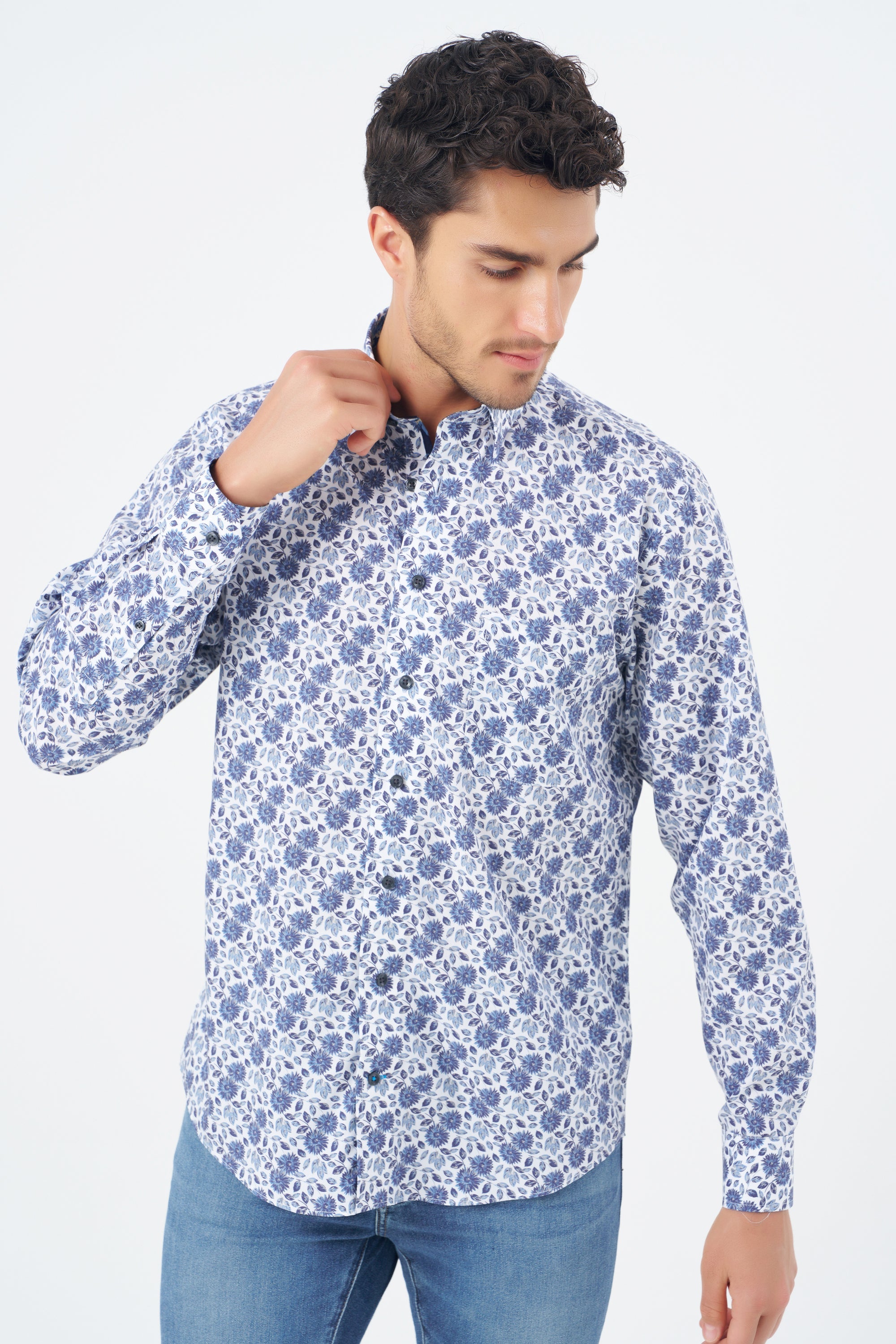 Multi Blue Floral Cotton Sport Shirt with Hidden Button Down Collar by Leo Chevalier