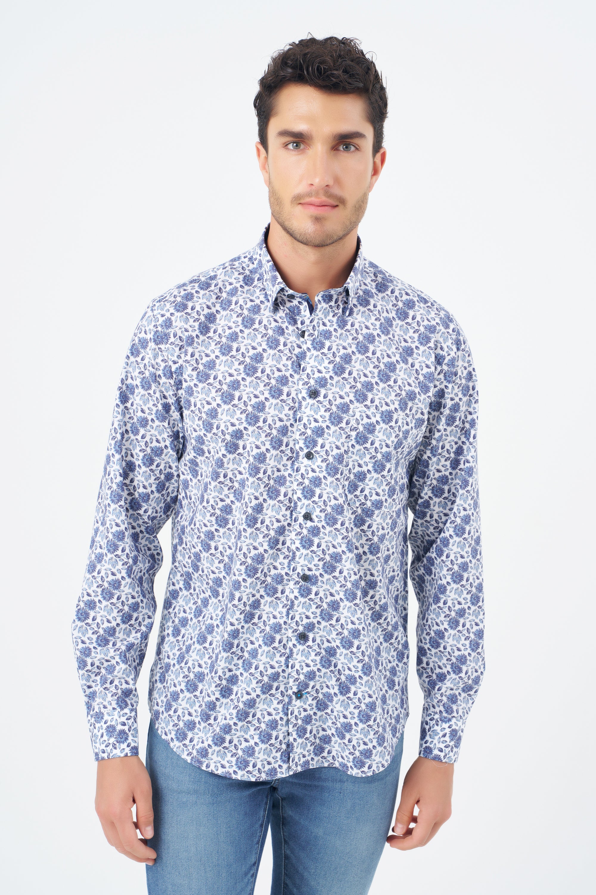 Multi Blue Floral Cotton Sport Shirt with Hidden Button Down Collar by Leo Chevalier