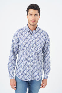 Multi Blue Floral Cotton Sport Shirt with Hidden Button Down Collar by Leo Chevalier