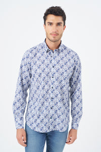 Multi Blue Floral Cotton Sport Shirt with Hidden Button Down Collar by Leo Chevalier