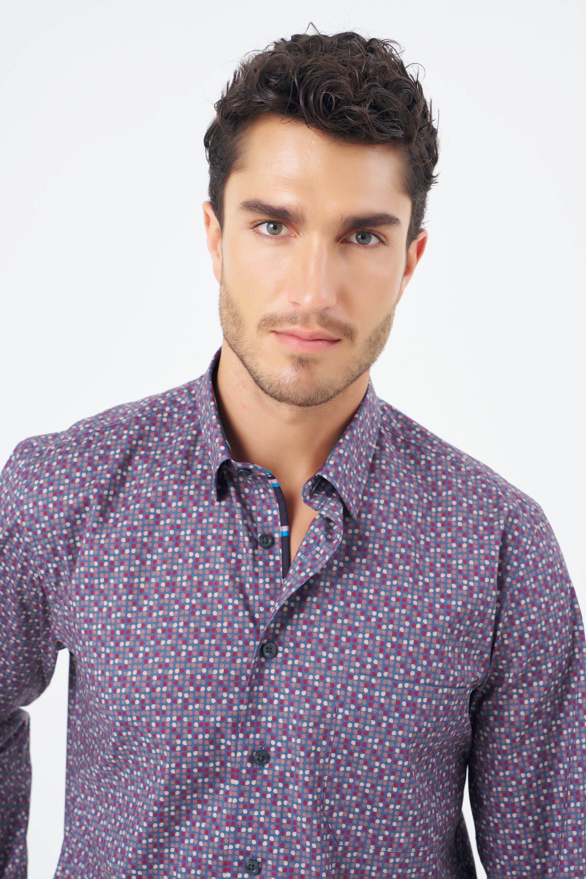 Wine and Blue Dot Cotton Sport Shirt with Hidden Button Down Collar by Leo Chevalier