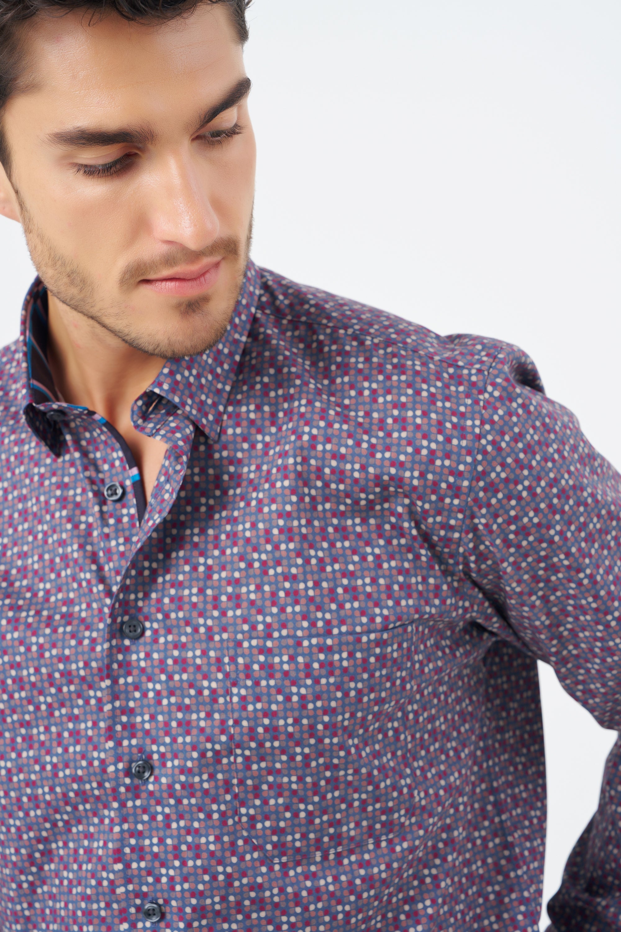 Wine and Blue Dot Cotton Sport Shirt with Hidden Button Down Collar by Leo Chevalier