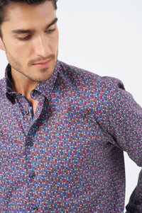 Wine and Blue Dot Cotton Sport Shirt with Hidden Button Down Collar by Leo Chevalier
