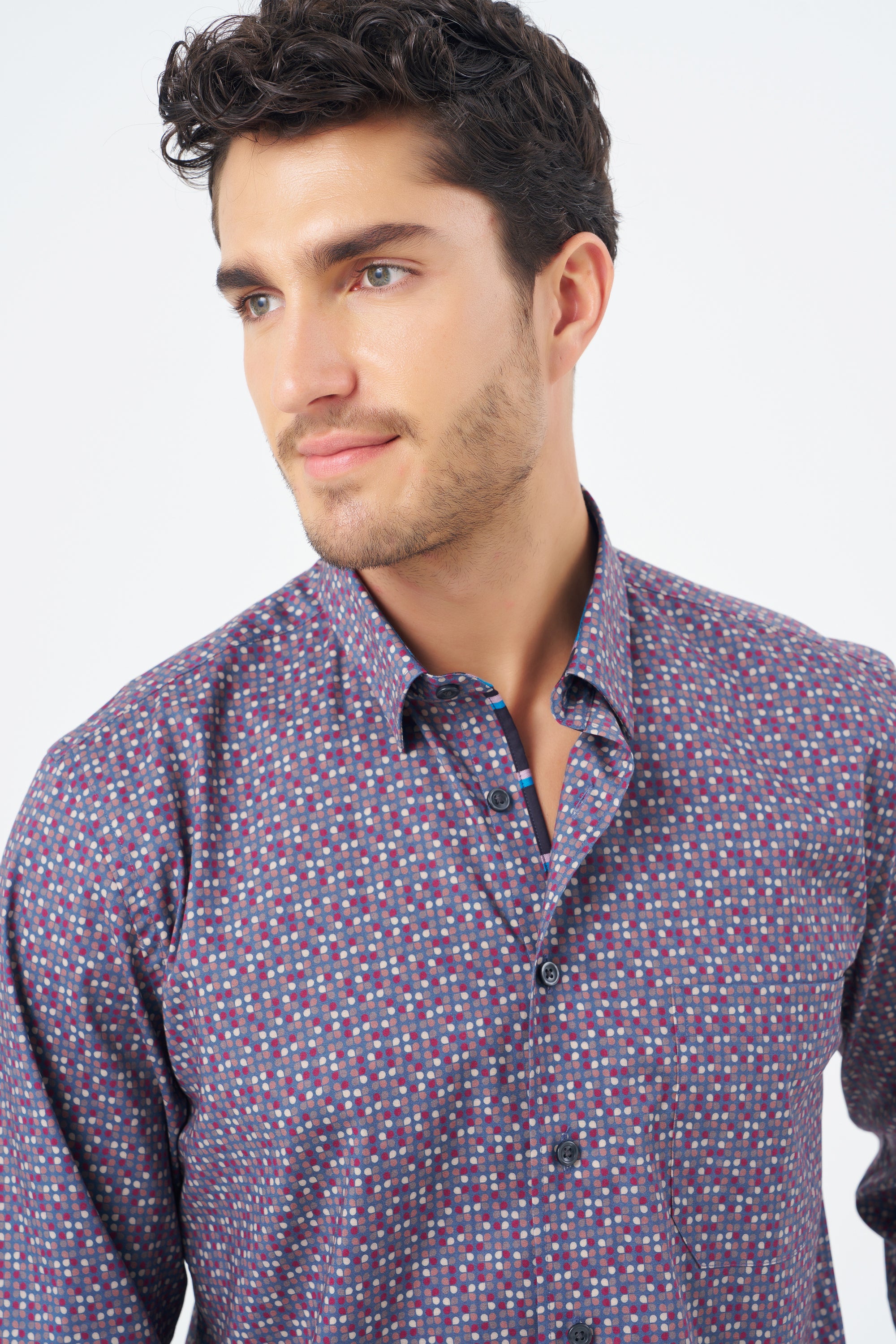 Wine and Blue Dot Cotton Sport Shirt with Hidden Button Down Collar by Leo Chevalier