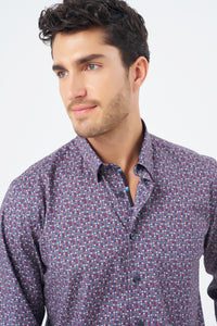 Wine and Blue Dot Cotton Sport Shirt with Hidden Button Down Collar by Leo Chevalier