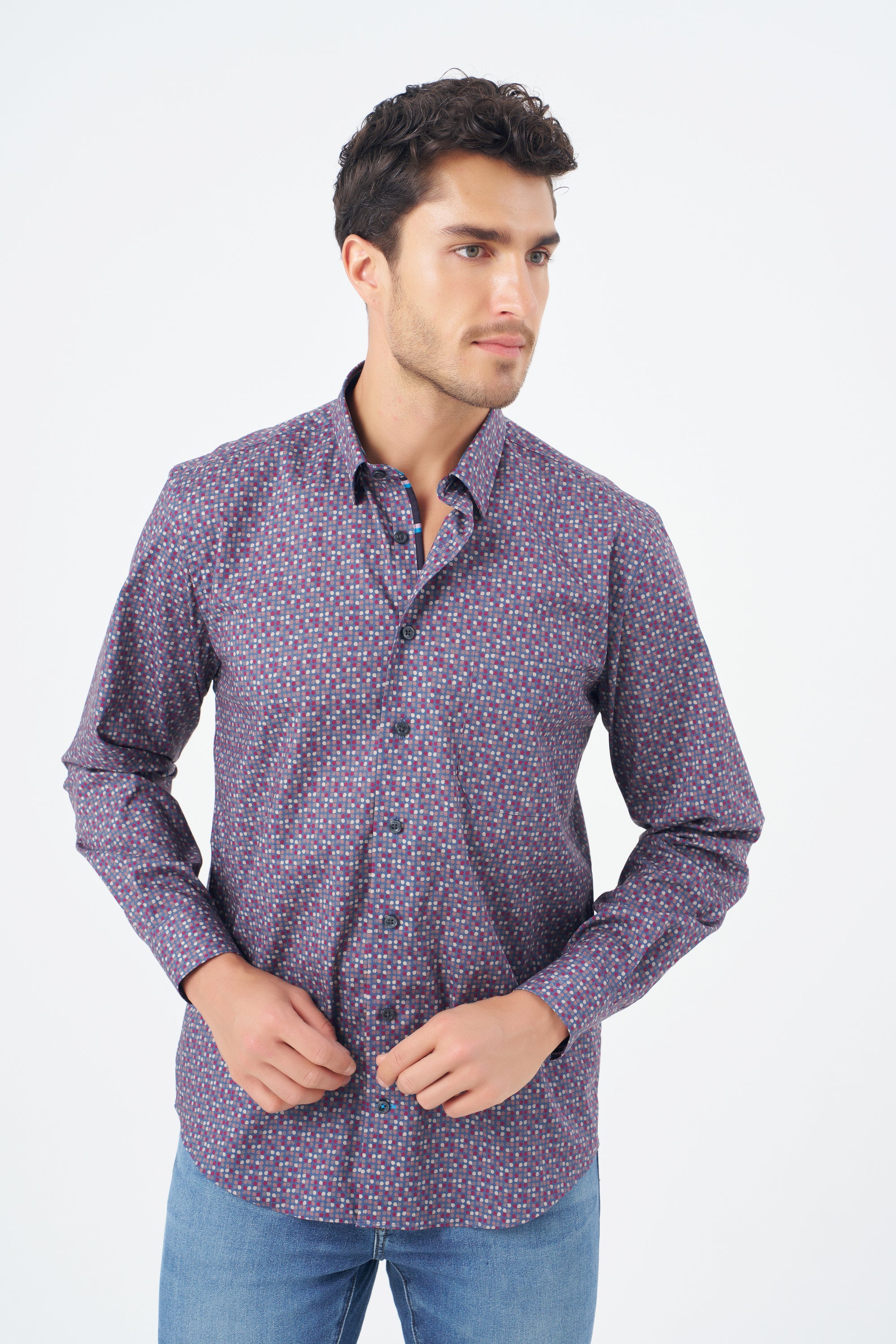 Wine and Blue Dot Cotton Sport Shirt with Hidden Button Down Collar by Leo Chevalier