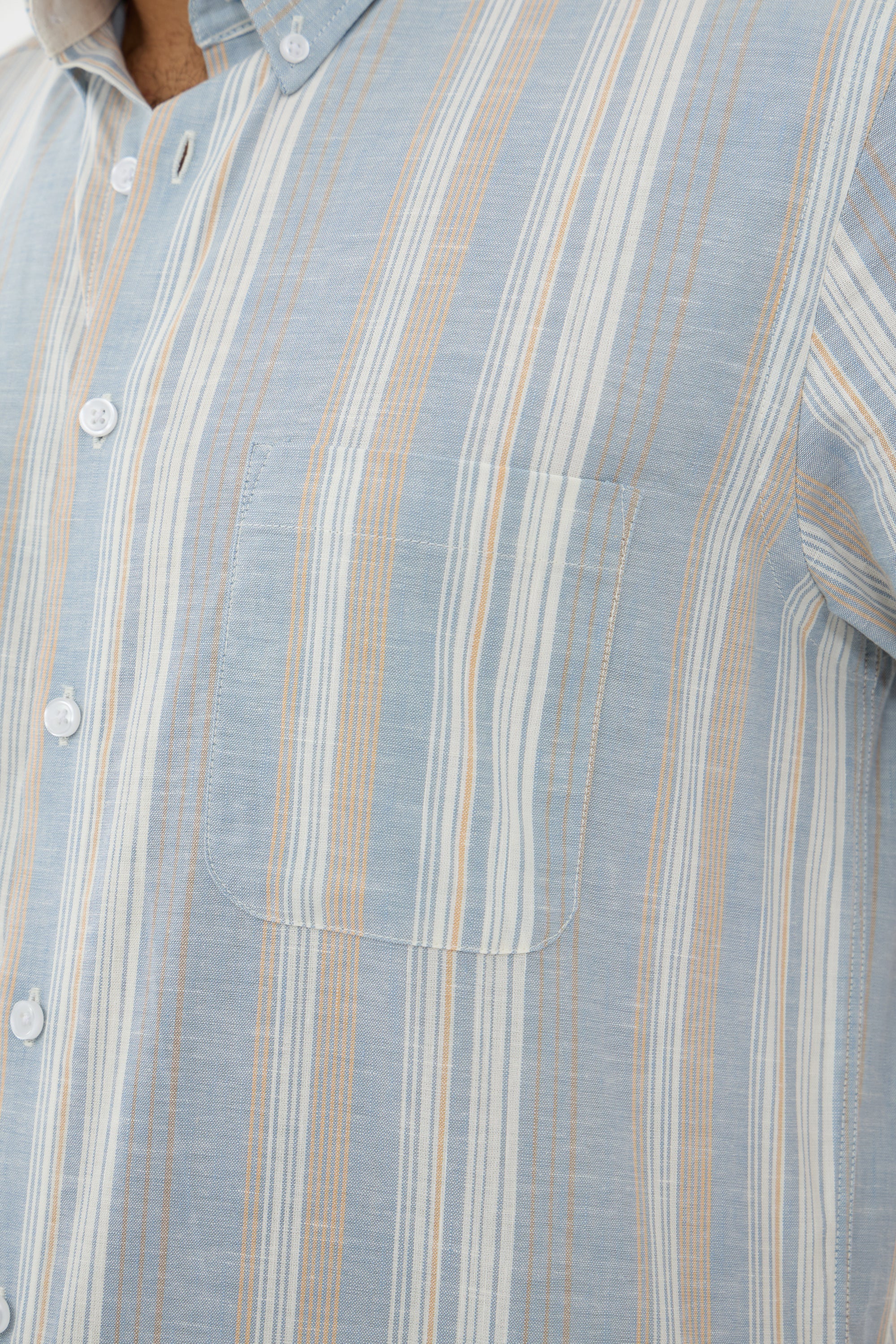 Blue, Sand, and White Stripe Linen-Look Cotton Short Sleeve Sport Shirt with Button-Down Collar by Leo Chevalier
