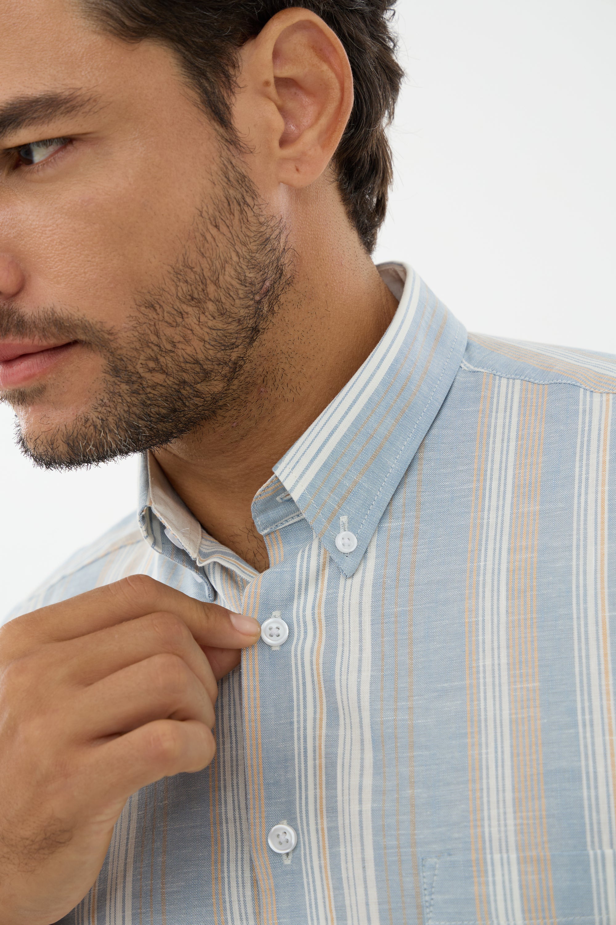 Blue, Sand, and White Stripe Linen-Look Cotton Short Sleeve Sport Shirt with Button-Down Collar by Leo Chevalier
