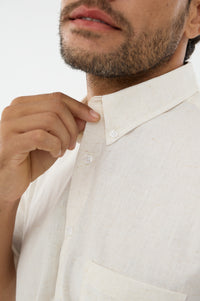 Natural Linen-Look Cotton Slub Short Sleeve Sport Shirt with Button-Down Collar by Leo Chevalier