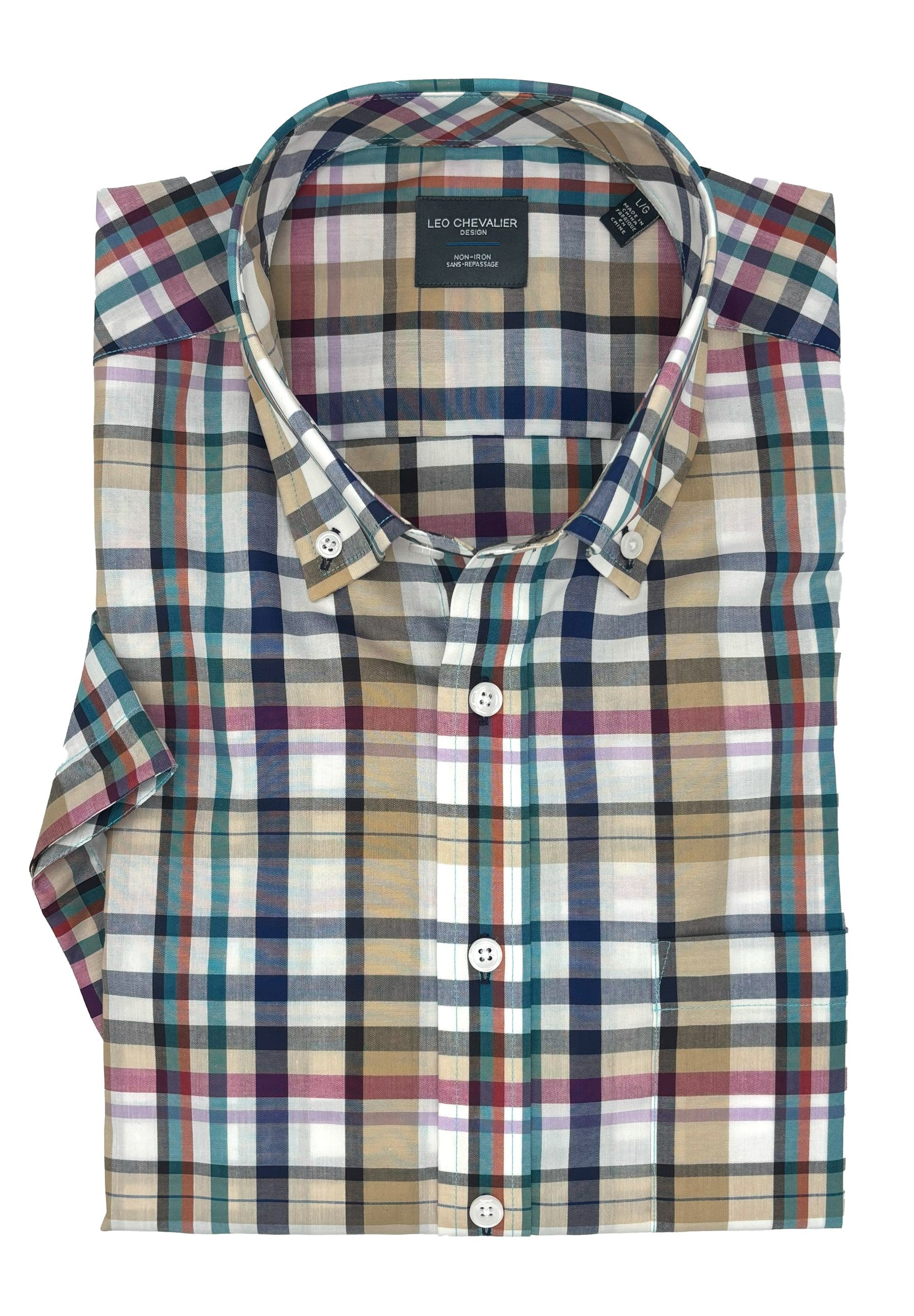 Tan, Navy, and Teal Multi Plaid Woven Short Sleeve No-Iron Cotton Sport Shirt with Button Down Collar by Leo Chevalier