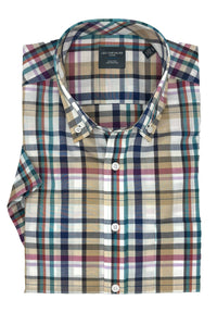 Tan, Navy, and Teal Multi Plaid Woven Short Sleeve No-Iron Cotton Sport Shirt with Button Down Collar by Leo Chevalier