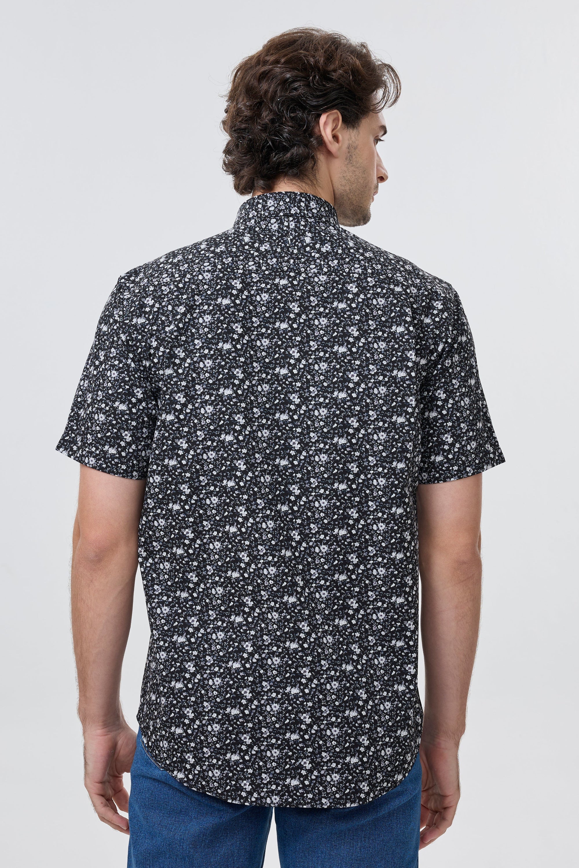 Black and Grey Floral Print Short Sleeve No-Iron Cotton Sport Shirt with Hidden Button Down Collar by Leo Chevalier