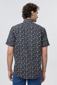 Black and Grey Floral Print Short Sleeve No-Iron Cotton Sport Shirt with Hidden Button Down Collar by Leo Chevalier