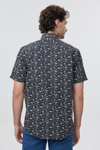 Black and Grey Floral Print Short Sleeve No-Iron Cotton Sport Shirt with Hidden Button Down Collar by Leo Chevalier