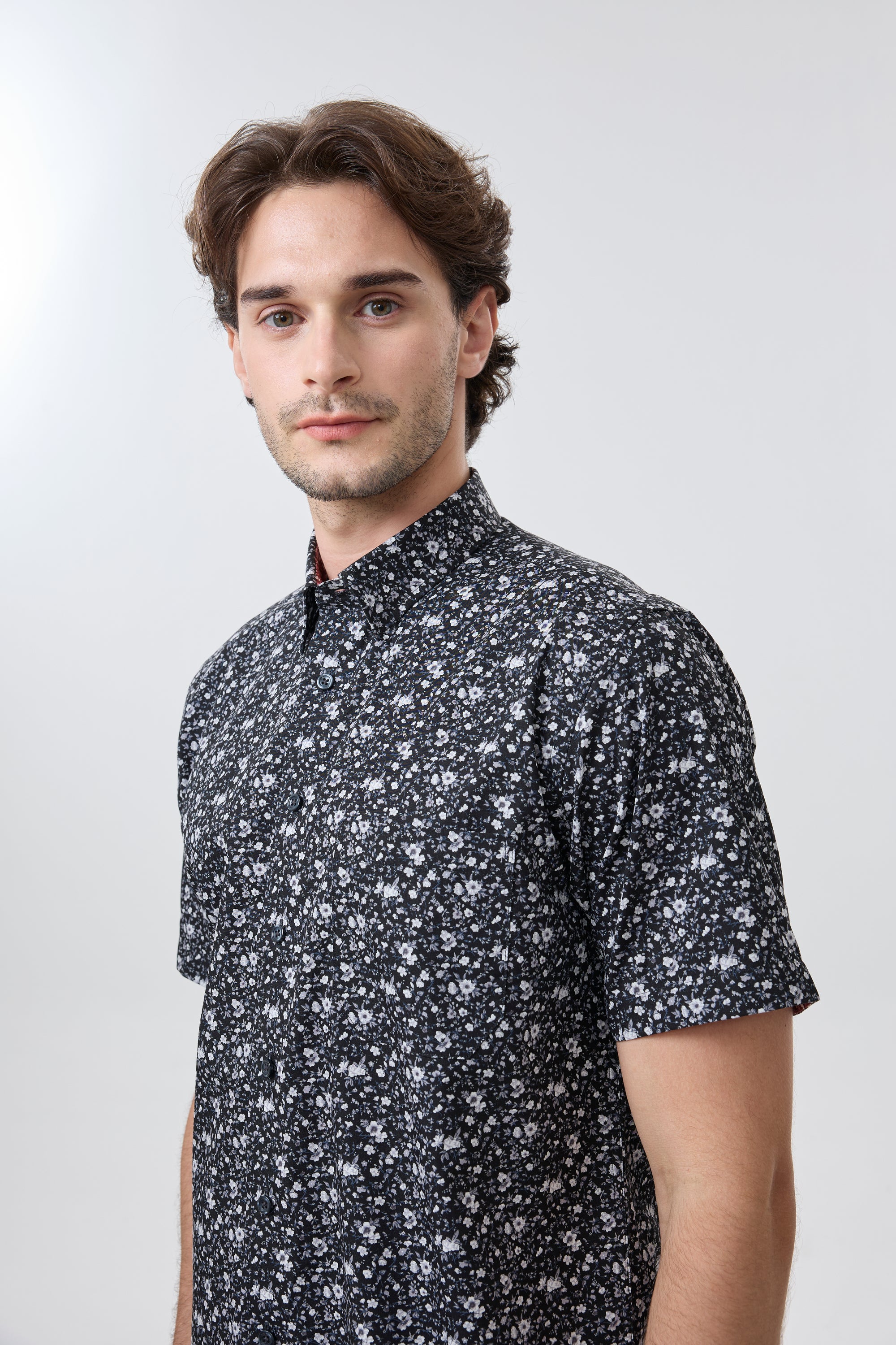 Black and Grey Floral Print Short Sleeve No-Iron Cotton Sport Shirt with Hidden Button Down Collar by Leo Chevalier