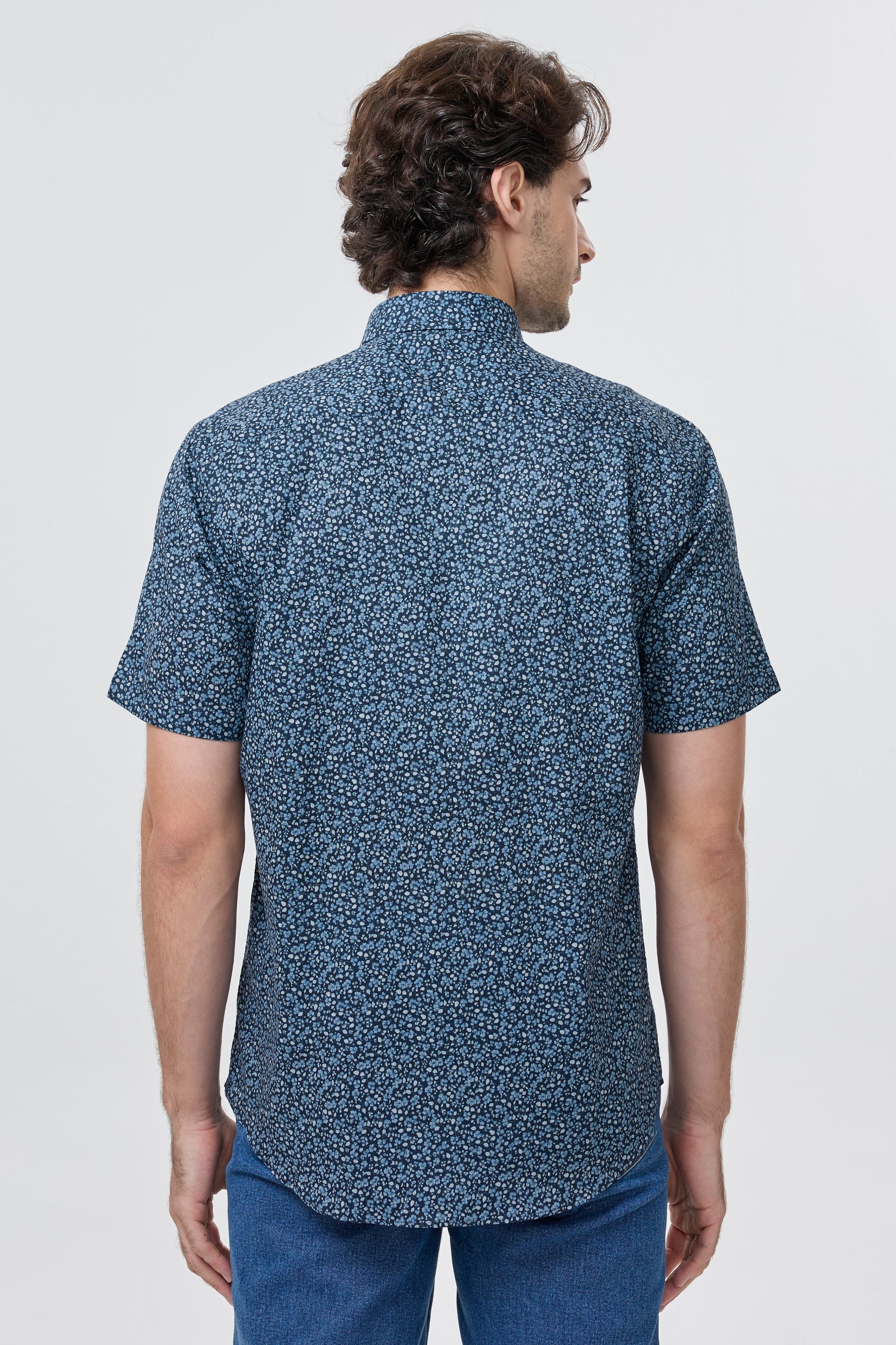 Dark Navy and Blue Floral Print Short Sleeve No-Iron Cotton Sport Shirt with Hidden Button Down Collar by Leo Chevalier