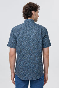 Dark Navy and Blue Floral Print Short Sleeve No-Iron Cotton Sport Shirt with Hidden Button Down Collar by Leo Chevalier