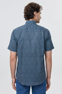 Dark Navy and Blue Floral Print Short Sleeve No-Iron Cotton Sport Shirt with Hidden Button Down Collar by Leo Chevalier