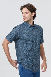 Dark Navy and Blue Floral Print Short Sleeve No-Iron Cotton Sport Shirt with Hidden Button Down Collar by Leo Chevalier