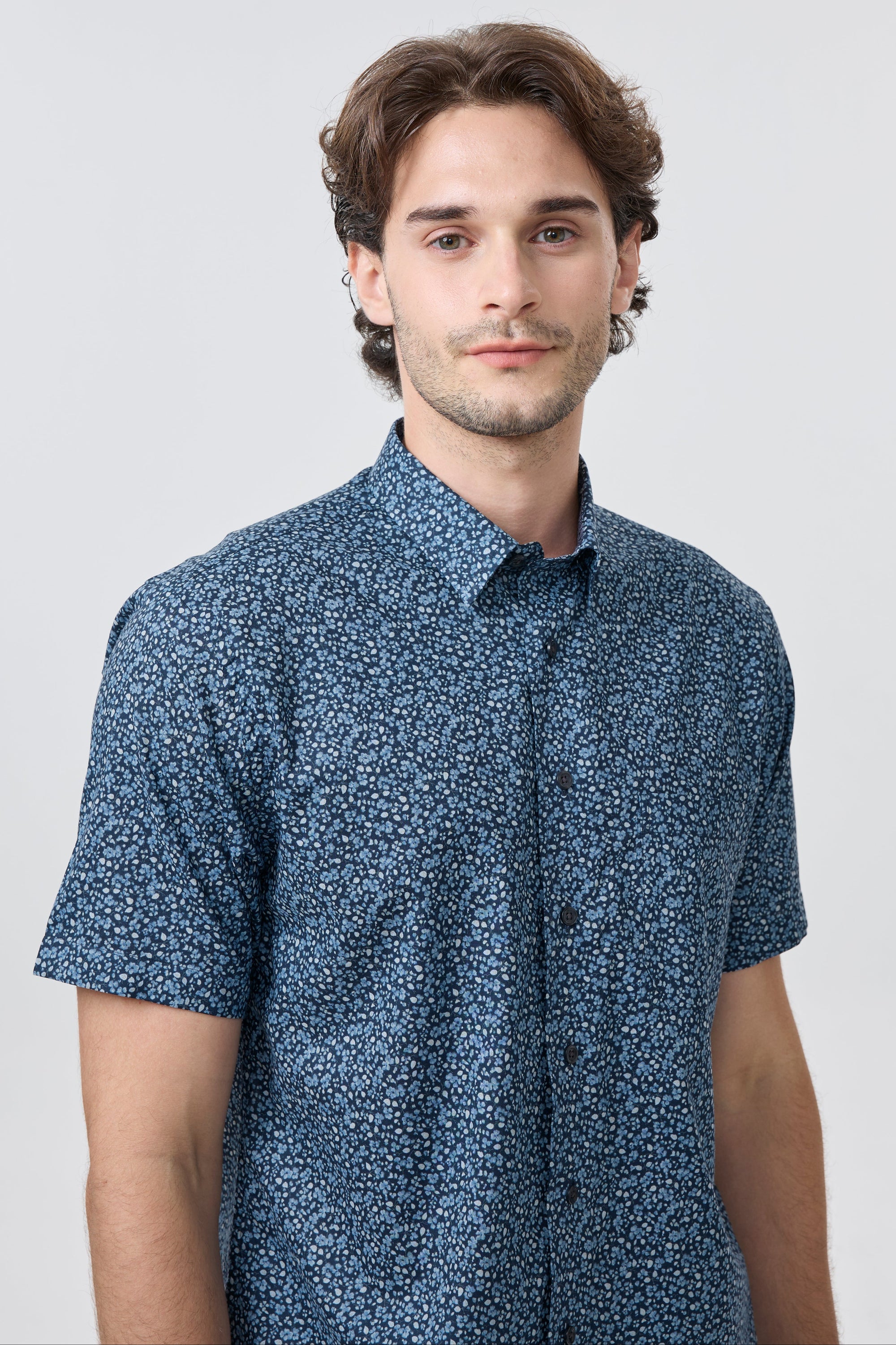 Dark Navy and Blue Floral Print Short Sleeve No-Iron Cotton Sport Shirt with Hidden Button Down Collar by Leo Chevalier