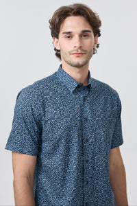 Dark Navy and Blue Floral Print Short Sleeve No-Iron Cotton Sport Shirt with Hidden Button Down Collar by Leo Chevalier