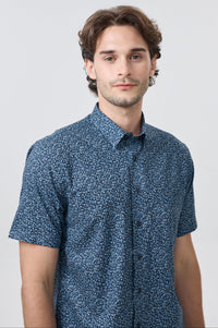 Dark Navy and Blue Floral Print Short Sleeve No-Iron Cotton Sport Shirt with Hidden Button Down Collar by Leo Chevalier