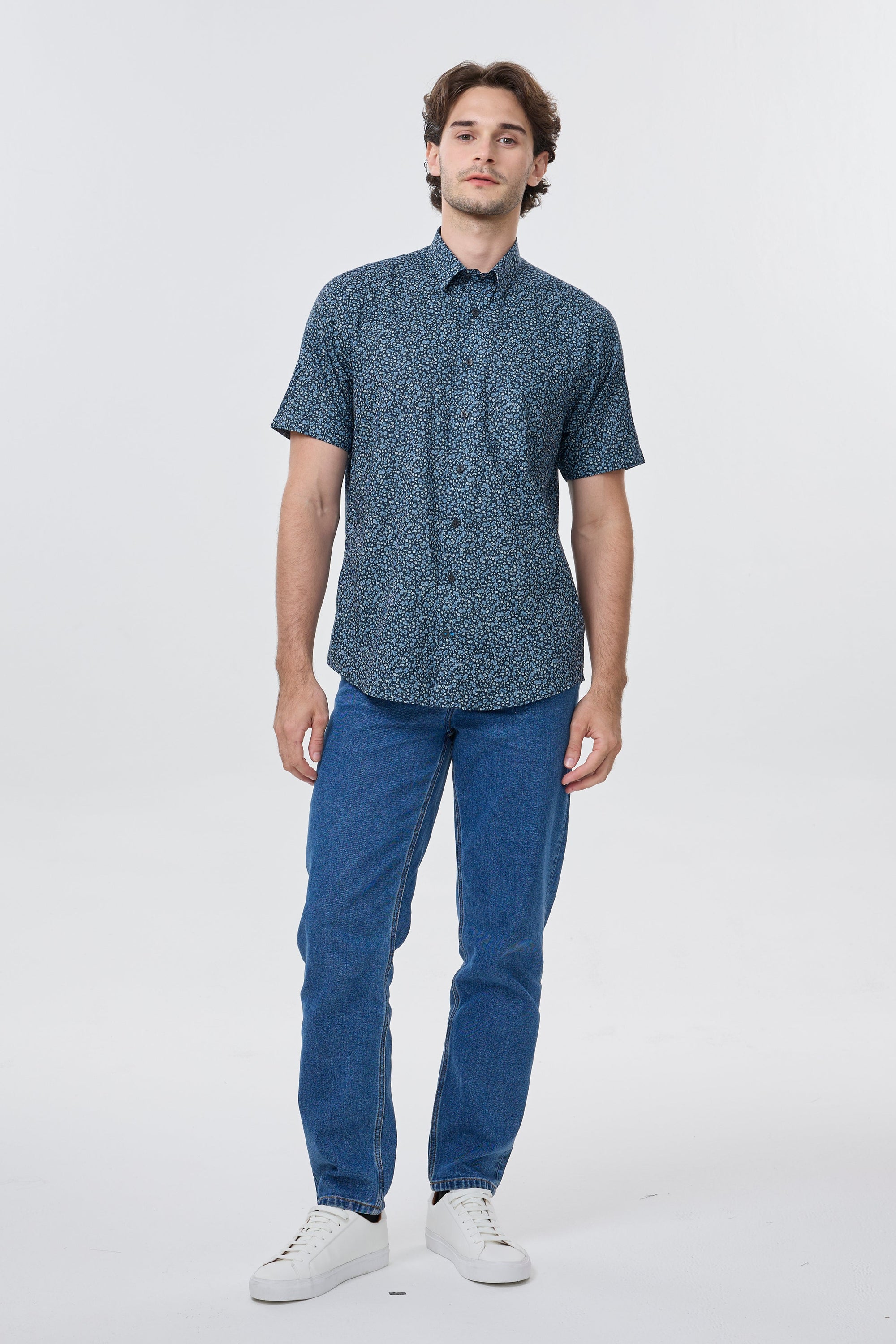 Dark Navy and Blue Floral Print Short Sleeve No-Iron Cotton Sport Shirt with Hidden Button Down Collar by Leo Chevalier