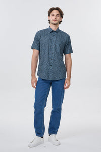 Dark Navy and Blue Floral Print Short Sleeve No-Iron Cotton Sport Shirt with Hidden Button Down Collar by Leo Chevalier