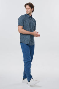 Dark Navy and Blue Floral Print Short Sleeve No-Iron Cotton Sport Shirt with Hidden Button Down Collar by Leo Chevalier