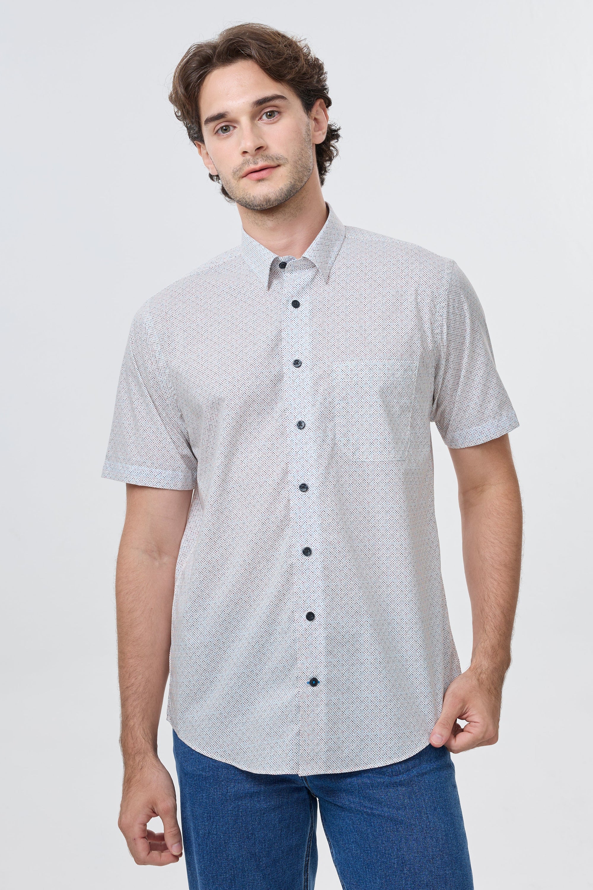 Multi Dot Print Short Sleeve No-Iron Cotton Sport Shirt with Hidden Button Down Collar by Leo Chevalier