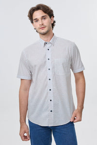 Multi Dot Print Short Sleeve No-Iron Cotton Sport Shirt with Hidden Button Down Collar by Leo Chevalier