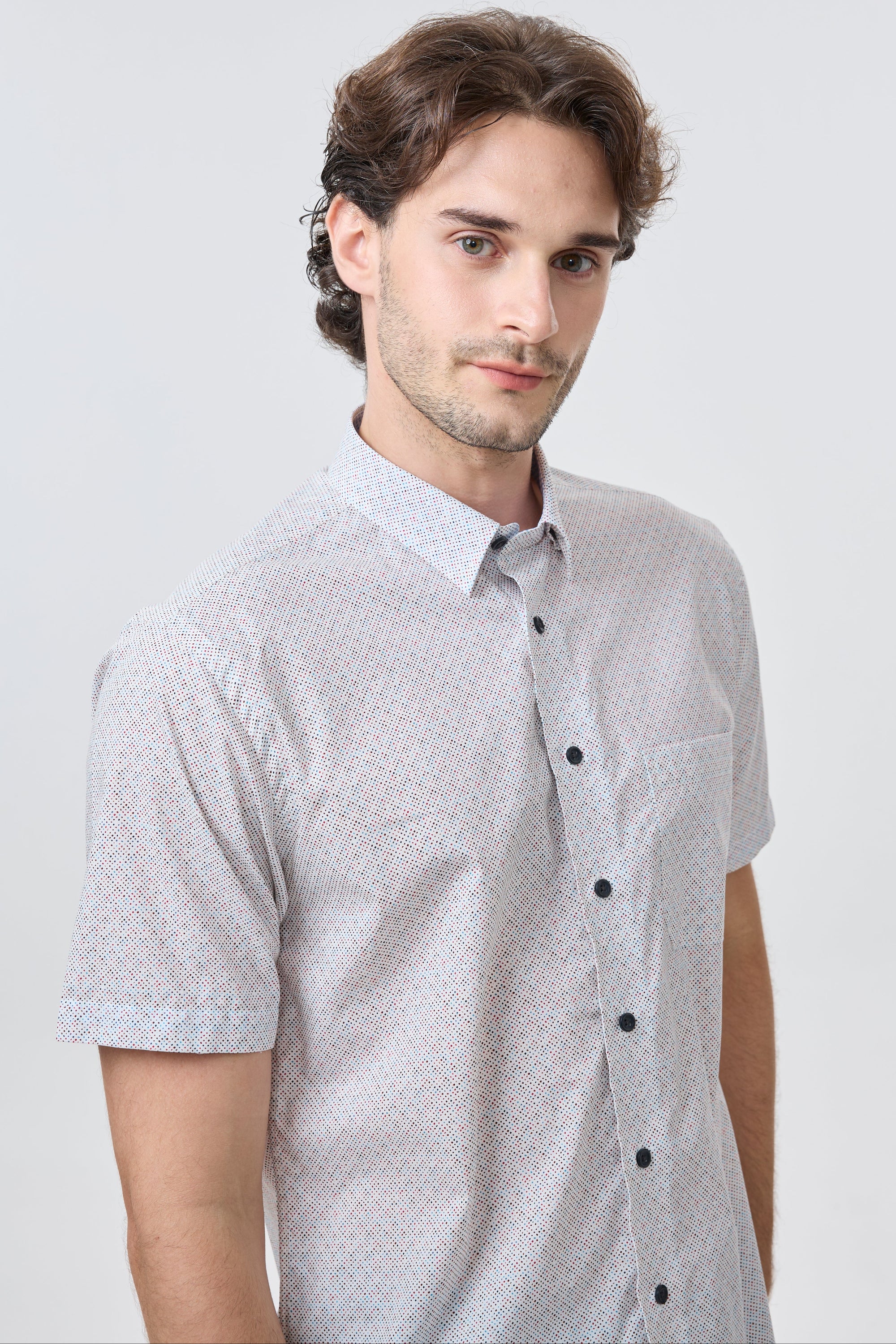 Multi Dot Print Short Sleeve No-Iron Cotton Sport Shirt with Hidden Button Down Collar by Leo Chevalier