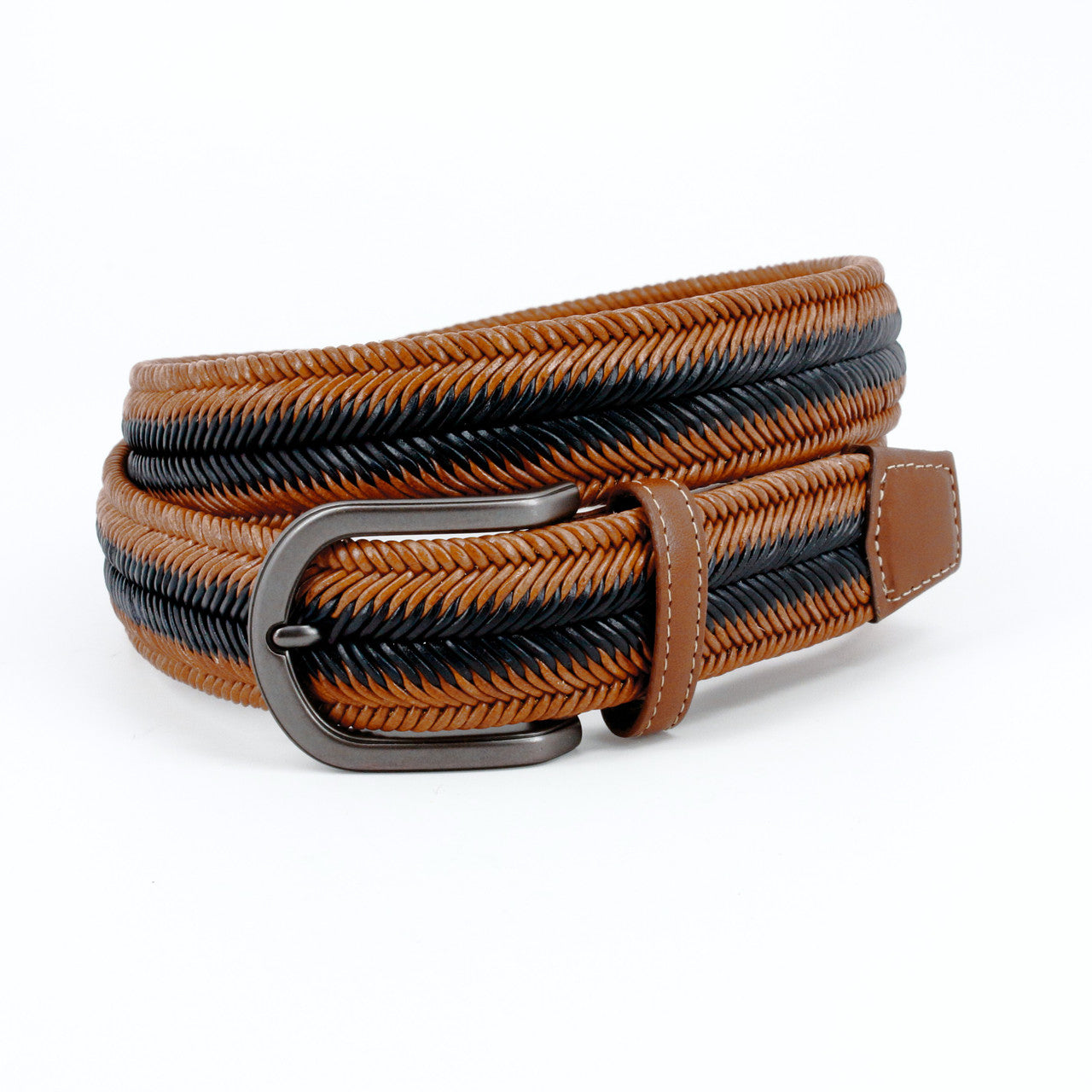 Italian Woven Herringbone Stretch Leather Belt in Saddle and Navy by T