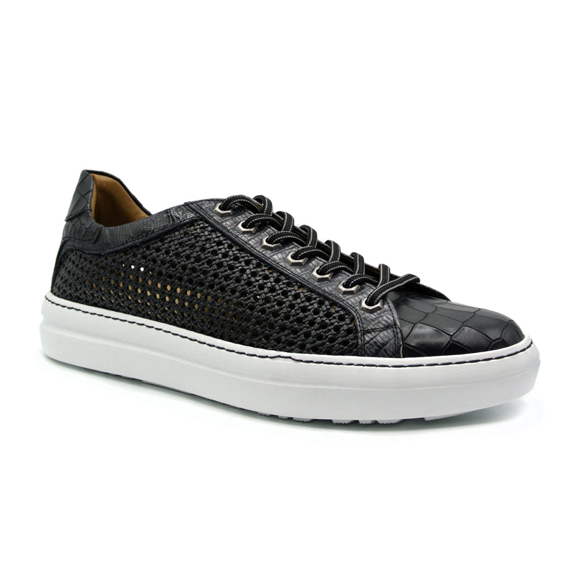 Vento Calfskin Side Weave & Embossed Croc Sneaker in Black by Zelli Italia