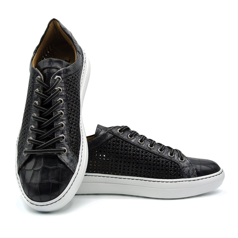 Vento Calfskin Side Weave & Embossed Croc Sneaker in Black by Zelli Italia