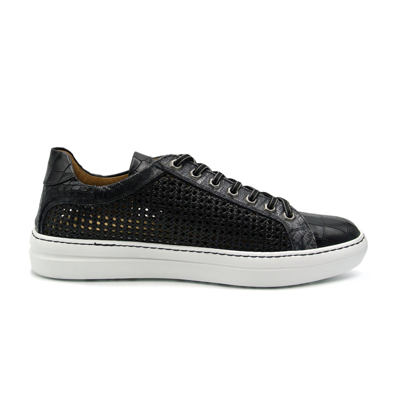 Vento Calfskin Side Weave & Embossed Croc Sneaker in Black by Zelli Italia